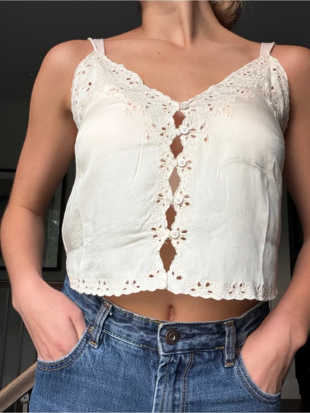 Free People Cream Eyelet Button-Front Lace Cami